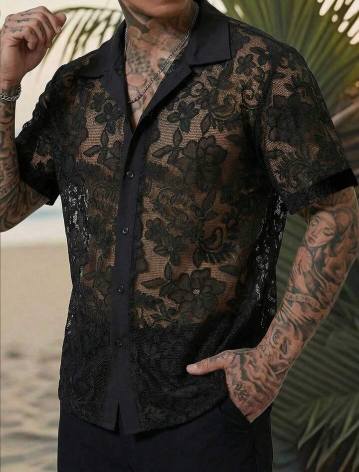 Men's Summer Beach Vacation Sheer Lace Loose Fit Drop Shoulder Shirt